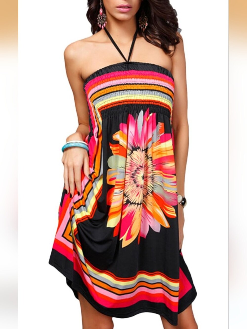 Source Unknown Black Halter Floral Sundress with Pink, Orange & Yellow Accents